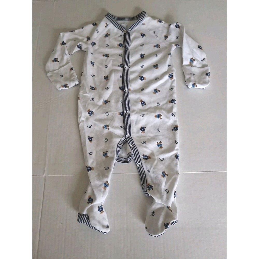 Ralph Lauren Baby Sleeper Blue White Classic Bear Footed Pajamas Cotton 6M Polo